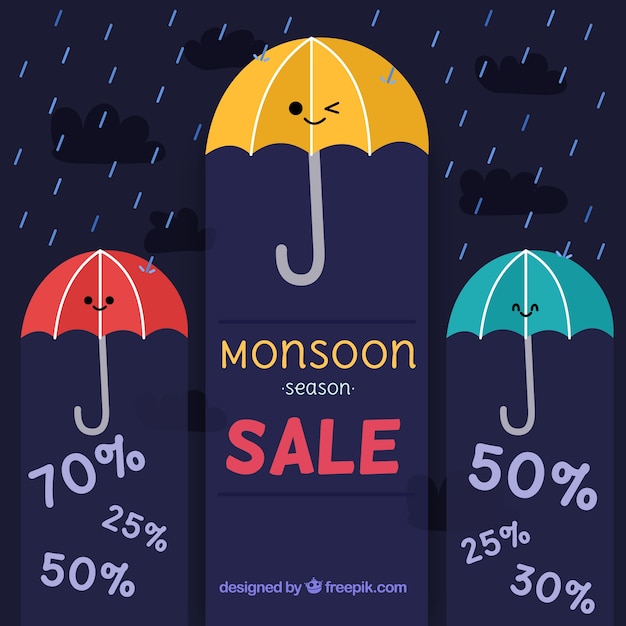 Free vector monsoon sales background with umbrellas