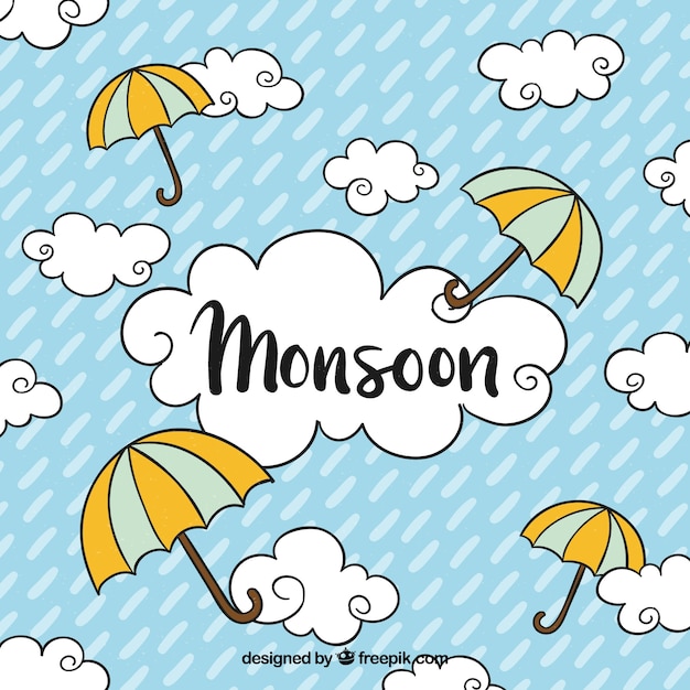 Monsoon season background with clouds and umbrellas