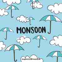 Free vector monsoon season background with clouds and umbrellas