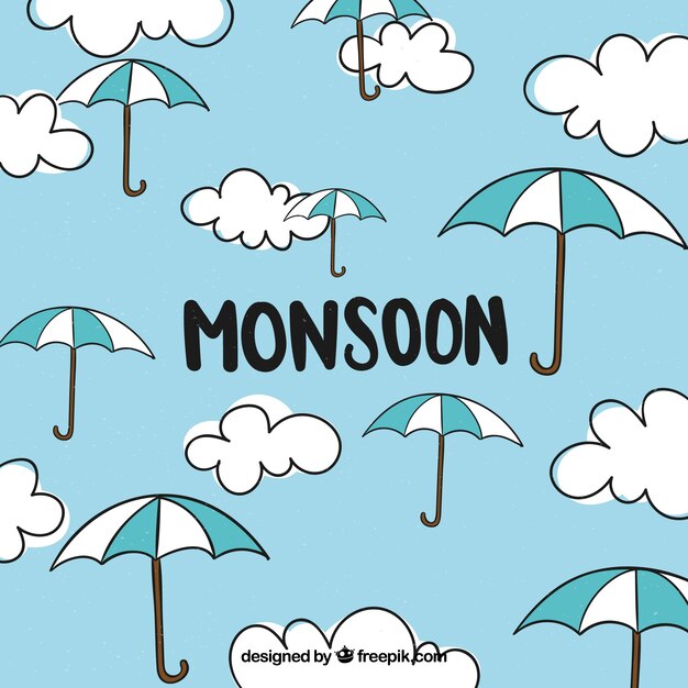 Monsoon season background with clouds and umbrellas