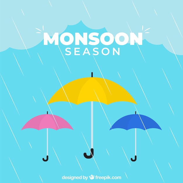 Free vector monsoon season background with colorful umbrellas