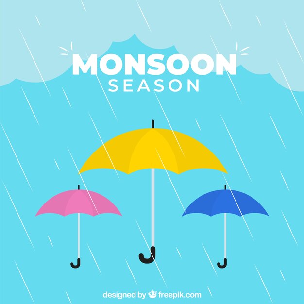 Monsoon season background with colorful umbrellas