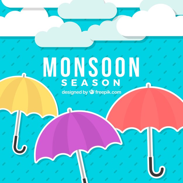 Monsoon season background with colorful umbrellas