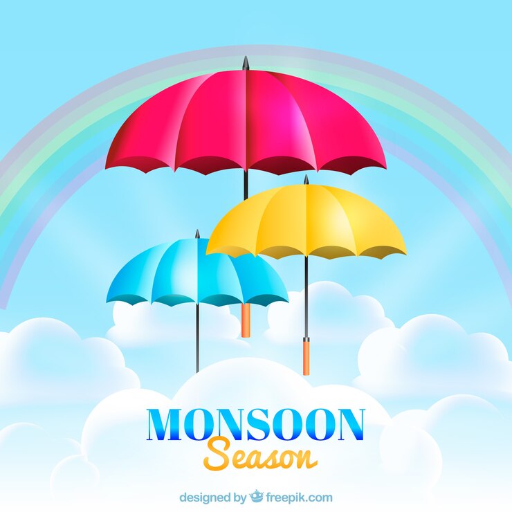 Free Vector monsoon season background with colorful umbrellas