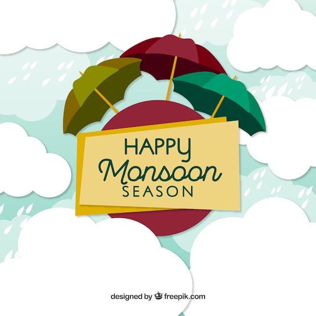 Free vector monsoon season background with rain and umbrellas