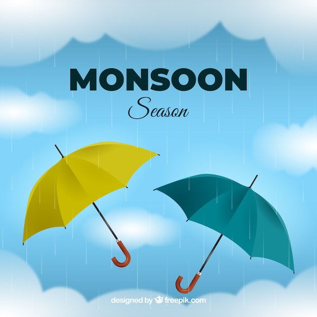 Фон сезона муссонов с реалистичными зонтиками