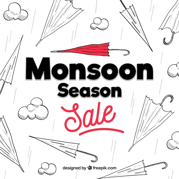 Monsoon season background with umbrellas