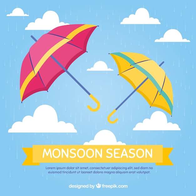 Monsoon season background with umbrellas