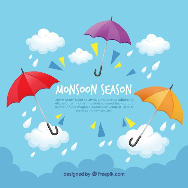 Free vector monsoon season background with umbrellas