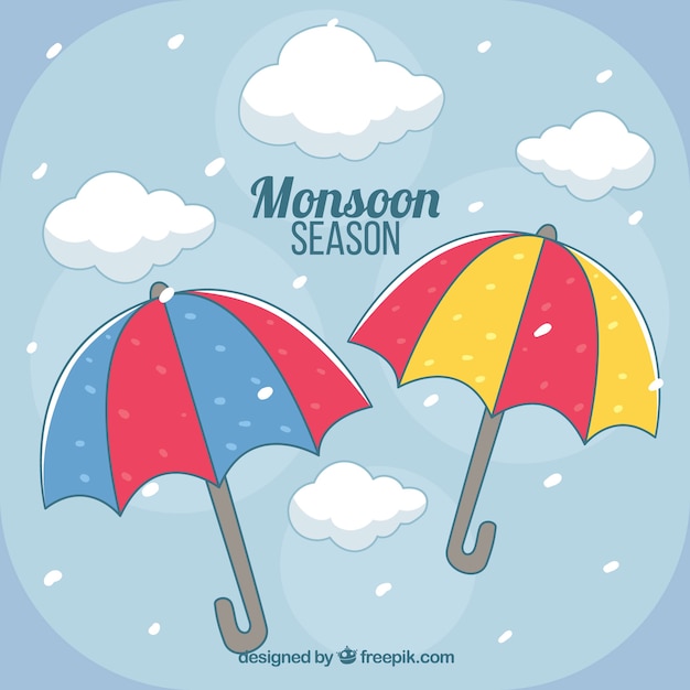 Free vector monsoon season background with umbrellas