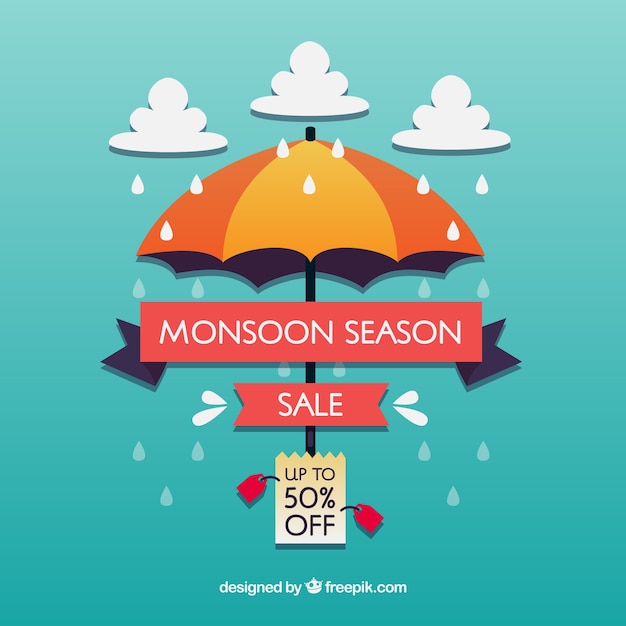 Vettore gratuito fondo di vendita di stagione dei monsoni in stile piano