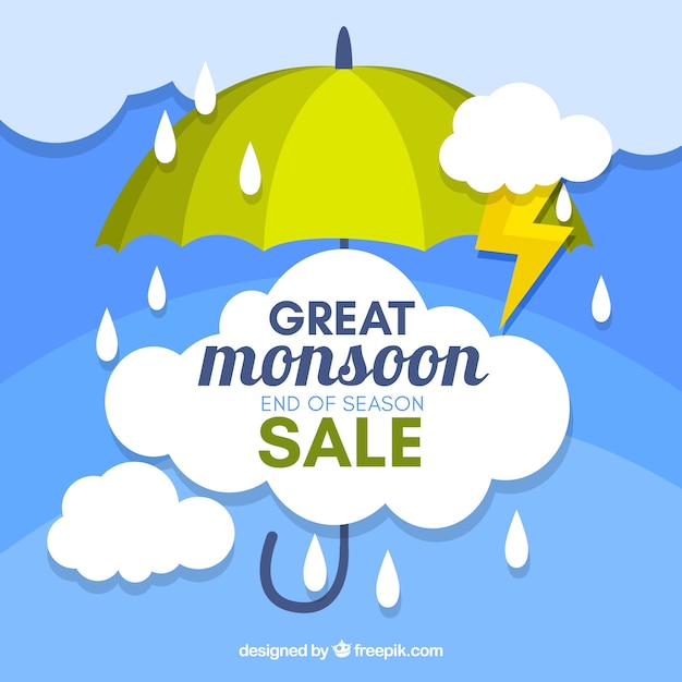 無料ベクター モンスーンの季節の販売の背景と傘