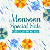 無料ベクター モンスーンの季節の販売の背景と傘