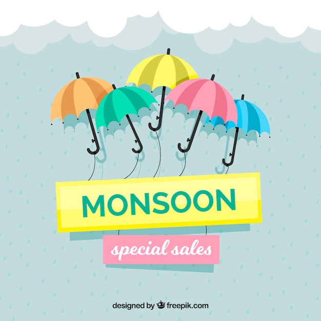 Monsoon season sale background with umbrellas