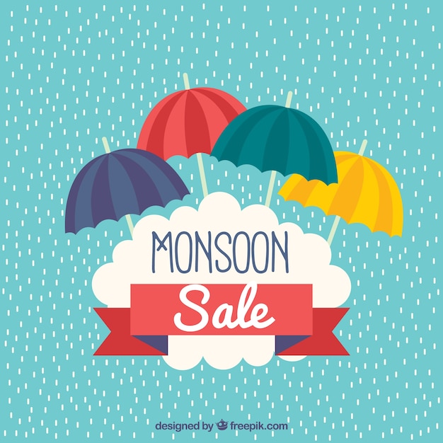 Vettore gratuito fondo di vendita di stagione dei monsoni con gli ombrelli
