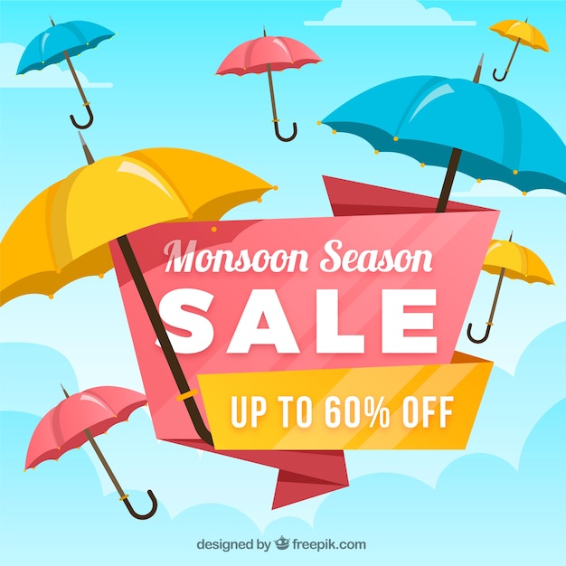 Monsoon season sale background with umbrellas