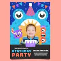 Free vector monster birthday invitation template with photo