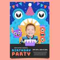 Free vector monster birthday invitation template with photo