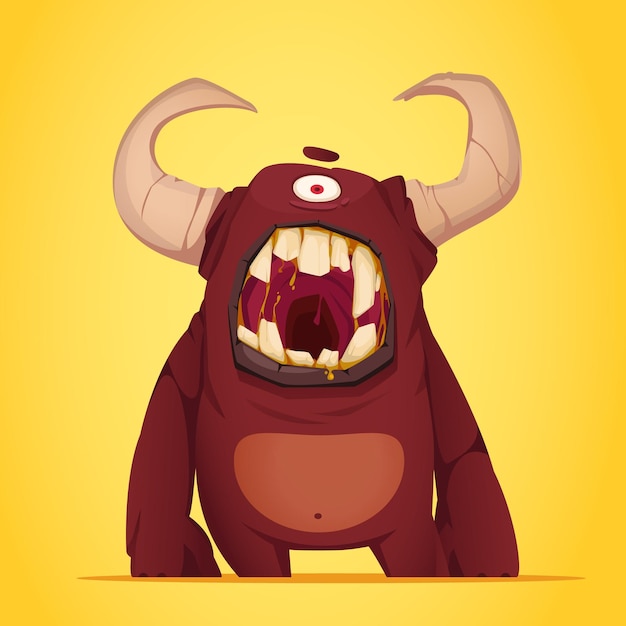 Free vector monster cartoon yellow background with image of creepy one eyed horned creature with terrible grin vector illustration