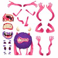 Free vector monster constructor cartoon set of mouth teeth head legs and hands isolated elements for kids game flat vector illustration