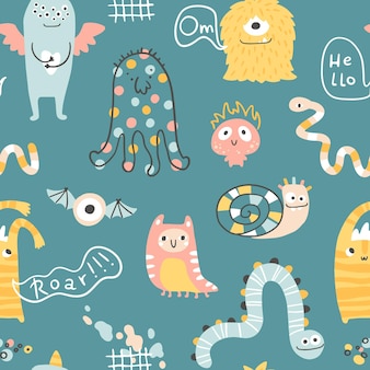 Monster halloween seamless pattern with lettering cute cartoon characters in handdrawn style