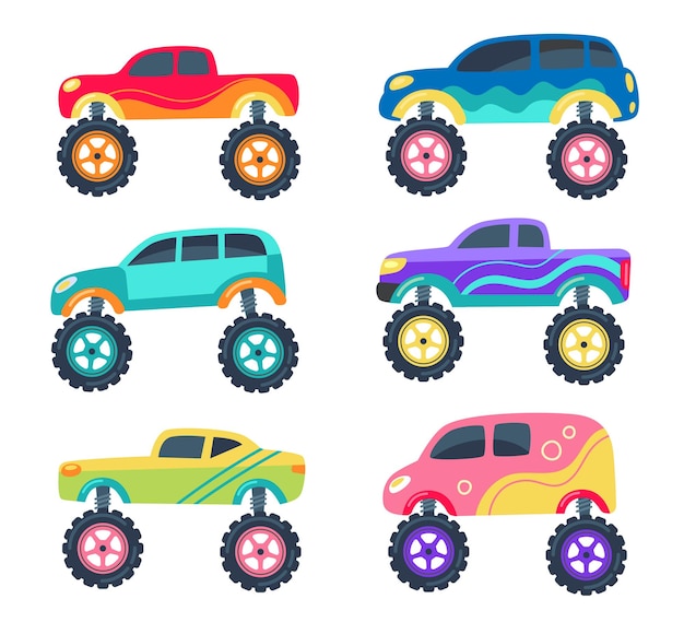 Vettore gratuito monster truck come giocattoli per bambini illustrazioni vettoriali impostate. raccolta di cartoni animati infantili di auto da corsa retrò con grandi ruote isolate su sfondo bianco. concetto di trasporto