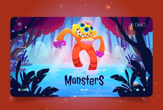 Free vector monsters cartoon landing page strange funny animal smiling toothed fantasy character with three eyes and long arms stand at water pond at alien forest landscape spooky creature vector web banner