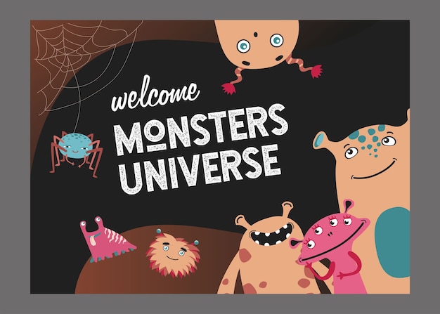 Free vector monsters universe page cover design. cute funny creatures or beasts vector illustrations with text. show for kids concept for poster or website background template