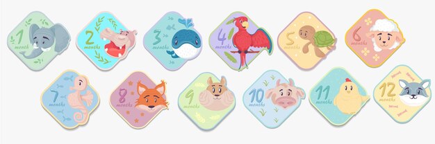 海の動物魚サメクジラクラゲスタータツノオトシゴガメのセットです 服記念日誕生日パーティー招待状スクラップブッキングカードとステッカーのイラスト プレミアムベクター
