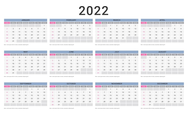 Шаблон месячного календаря на 2022 год Бесплатные векторы
