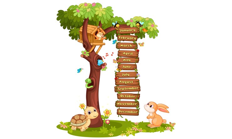 Free Vector months of the year illustration with animals and trees and birds