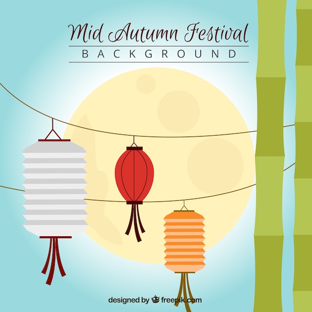 Free vector moon background with decoration lanterns of mid-autumn festival