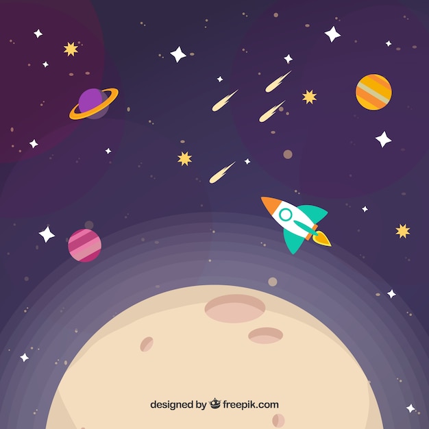Бесплатное векторное изображение Фон луны с ракетой и другими планетами