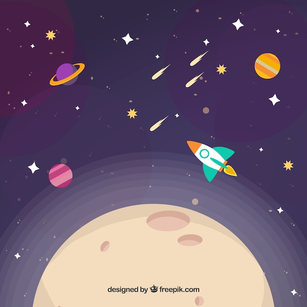 Moon background with rocket and other planets