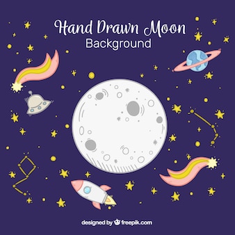 Moon background with shooting stars and rockets in hand-drawn style