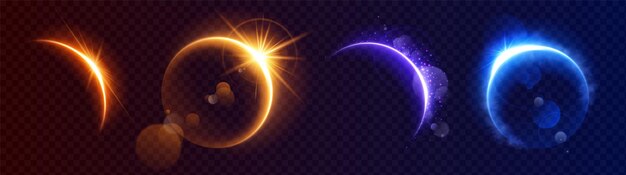 月食光フレア地平線空間背景地球惑星デザイン セット上の抽象的な日の出リング輝き魔法の現実的な雲の煙の輝きでゴールドの青と紫の三日月軌道エッジの輝き