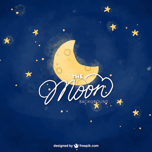 Free vector moon night sky and watercolor stars background