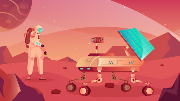 Moon rover flat composition with view of planetary surface with lunar roving vehicle and astronaut character illustration