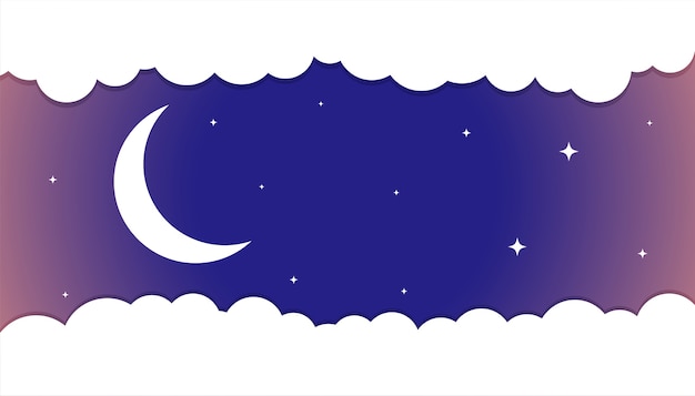Vettore gratuito sfondo di stelle e luna con nuvole bianche