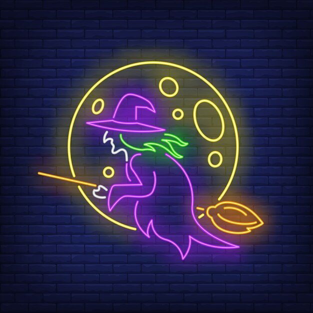 Free vector moon and witch flying on broom neon sign