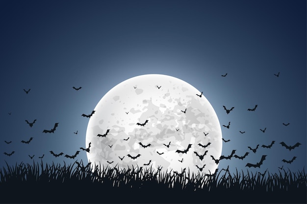 Moon with flying bats on sky background