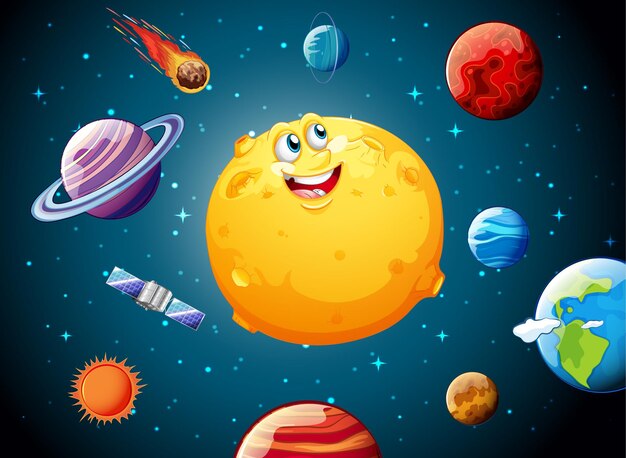 Moon with happy face on space galaxy theme
