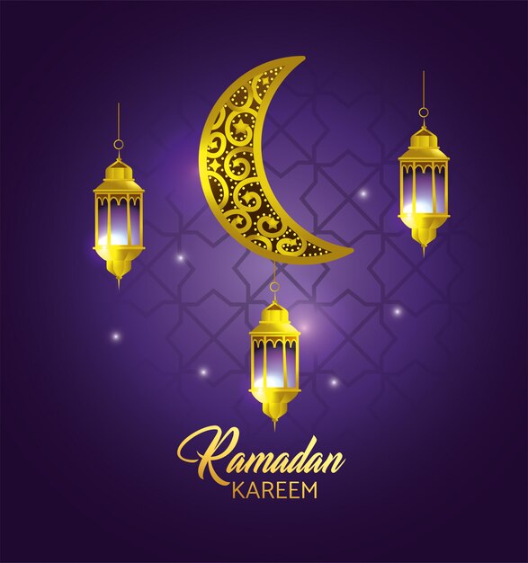 Moon with lamps hanging to ramadan kareem celebration