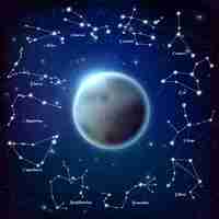 Free vector moon and zodiac constellations realistic illustration