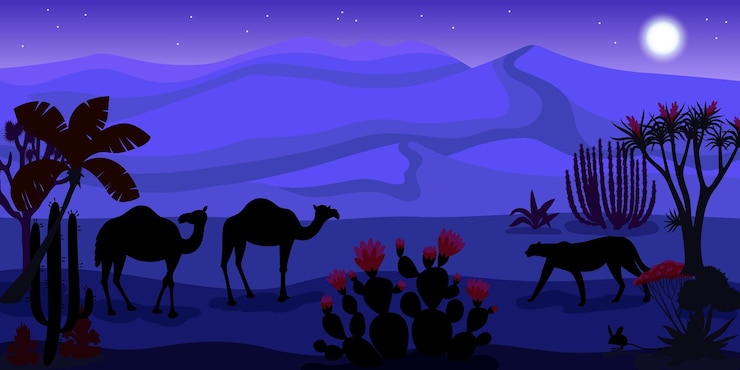 Free Vector moonlit night in desert cartoon composition with camels and leopards silhouettes at purple dunes background flat vector illustration