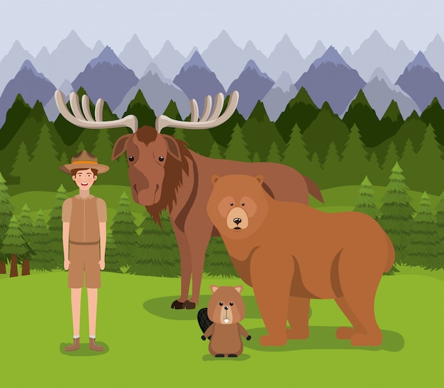 Free vector moose bear beaver and ranger