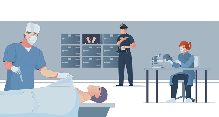 Free Vector morgue flat illustration with forensic pathologist performing autopsy and police officer waiting for result vector illustration