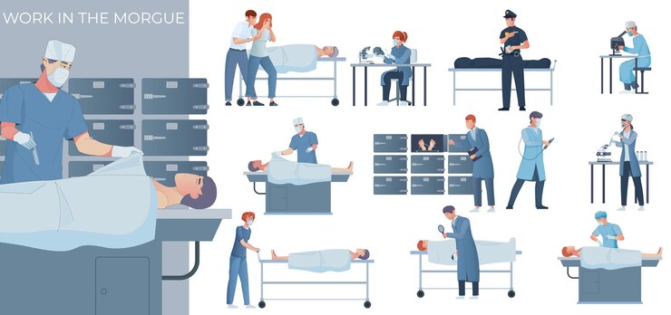 Free Vector morgue forensic pathologist flat composition with doodle medical specialist with corpse and set of isolated icons vector illustration