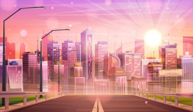 Утренний городской пейзаж с солнцем, сияющим над городским шоссе. Векторная карикатура на футуристический городской пейзажный вертолет на крыше небоскребов, жилых домов и офисных зданий, розовое небо.