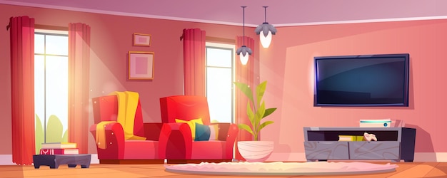 Morning living room with tv in modern house vector cartoon illustration of home interior red armchairs and fluffy carpet on floor curtains on windows books and joystick on table pictures on wall